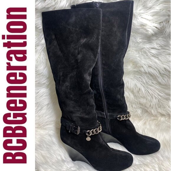 BCBGeneration Merryl Black Genuine Suede Tall Wedge Chain Link Boots, Size 9 - Picture 2 of 12